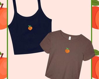 Peach Icon Embroidered Micro Rib Spaghetti Strap Tank or Baby Tee, Y2K 90s Peachy Crop Tank Top