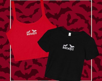 Batshit Embroidered Micro Rib Spaghetti Strap Tank or Baby Tee, Ironic Witchy Halloween Crop Shirt