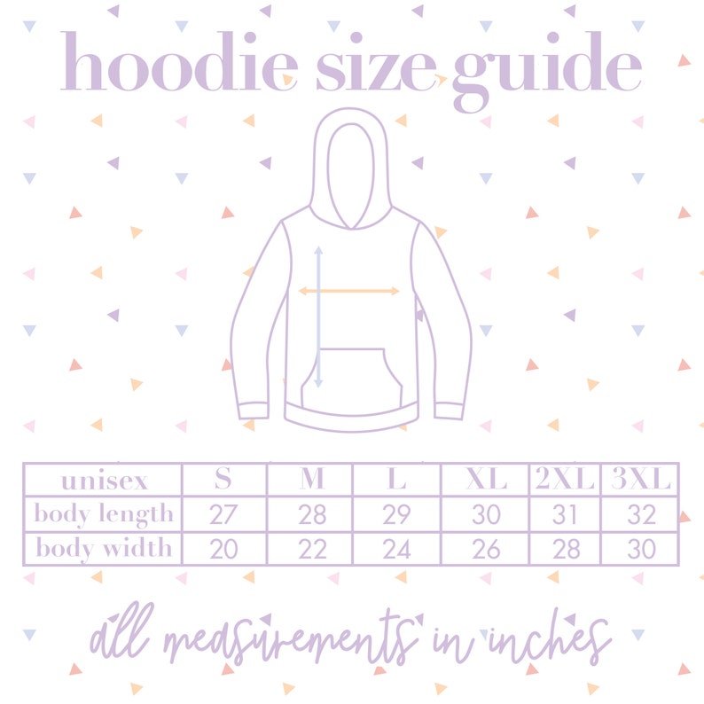 Puede incluir: Una tabla de tallas para sudaderas con capucha unisex con medidas en pulgadas para la longitud y el ancho del cuerpo. La tabla muestra las tallas de la S a la 3XL.