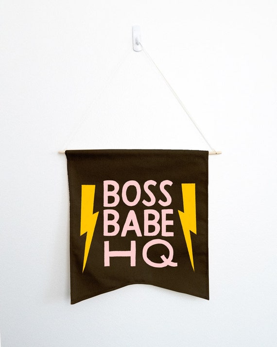Boss Babe Hq Black Canvas Wall Art Trendy Home Decor Wall Hang Girl Power Decoration Accessories Hand Illustrated Wall Pennant With Ribbon
