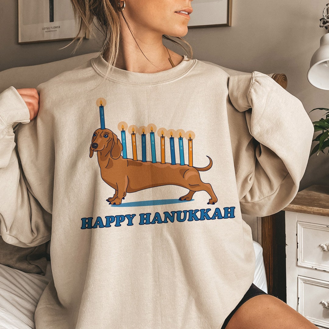 Weiner Dog Menorah Crewneck Sweatshirt, Festive Dog Mazel Tov Holiday