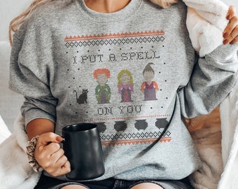 I Put A Spell On You Witchy Crewneck Sweatshirt, Famous Witch Sisters Halloween Pullover Crewneck Sweatshirt