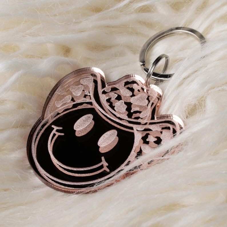 Cowboy Smiles Keychain, Rose Gold Mirror Acrylic, Silver Key Ring