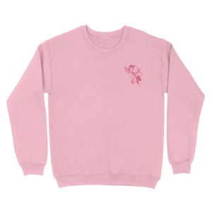 May include: A pink sweatshirt with a small embroidered image of a cherub holding a bow and arrow.