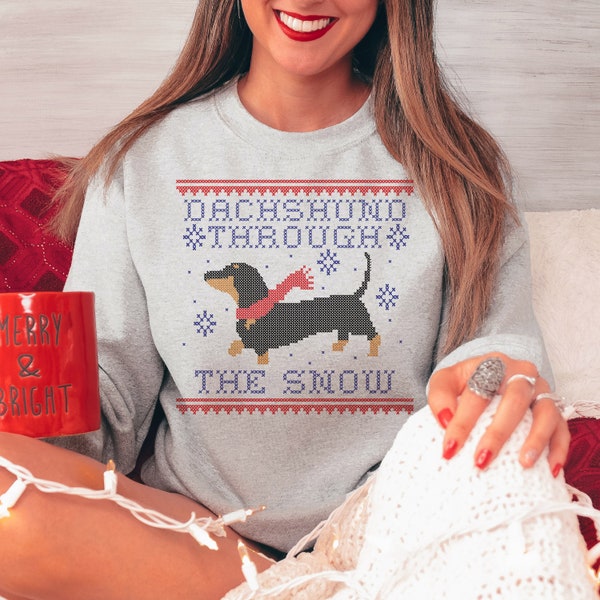 Dachshund Through The Snow Cross Stitch Crewneck Sweatshirt, Cute Wiener Dog Christmas Pullover Jumper, Ugly Christmas Sweater