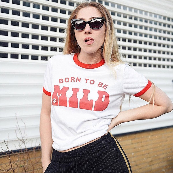 Born to be Mild Ringer Tee, White Unisex Shirt With Red Neck & Sleeve Hems, Trendy Graphic T-Shirt