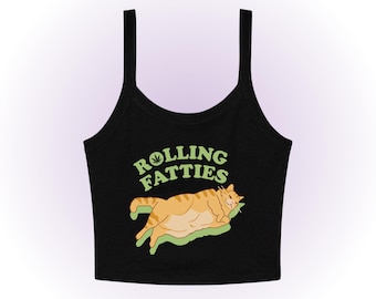 Camiseta de tirantes finos con microcosturas Rolling Fatties, camiseta de bebé Y2K, camiseta Unhinged, camiseta de gato, atuendo para festival, atuendo para rave, marihuana 420