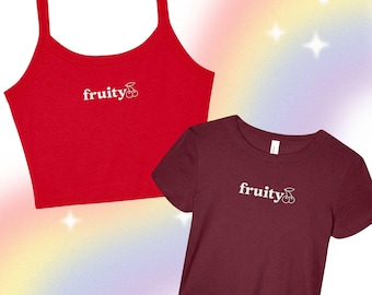 Sweet Cherry Fruity Embroidered Micro Rib Spaghetti Strap Tank or Baby Tee, Y2K 90s Crop Tank Top