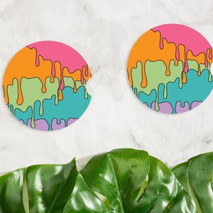 Melty Rainbow Pattern Car Coasters, Cute Car Decor Ceramic Coaster Inserts, Fun Rainbow Drippy 90s Gift