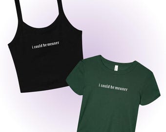 I Could Be Meaner Embroidered Micro Rib Spaghetti Strap Tank or Baby Tee, Unhinged TShirt Crop Tank Top