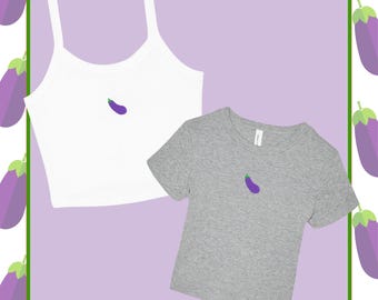 Eggplant Icon Embroidered Micro Rib Spaghetti Strap Tank or Baby Tee, Y2K 90s Eggplant Crop Tank Top