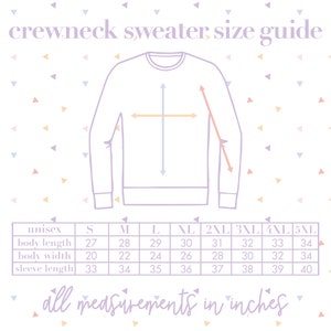 May include: A size chart for a unisex crewneck sweater, showing measurements in inches for body length, body width, and sleeve length. Sizes range from S to 5XL.