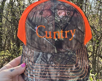 Cuntry Embroidered Camo Trucker Cap, Trendy Camouflage Mesh Back Trucker Hat, Funny Hunting Gear, Gen Z Millennial Humor