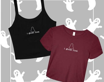 I Ghost First Embroidered Micro Rib Spaghetti Strap Tank or Baby Tee, Ironic Ghost  Halloween Crop Shirt