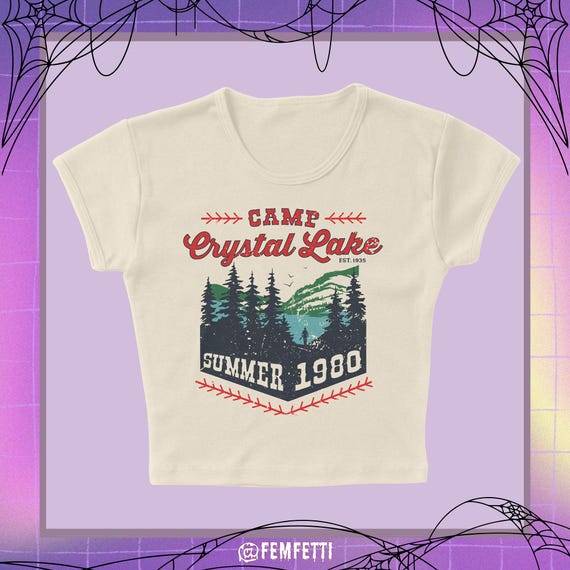 Camp Crystal Lake Micro Rib Baby Tee, Trendy Vintage Halloween Movie Graphic T-Shirt, Retro Horror Film Shirt, Spooky Boo Basket Gift, Y2k