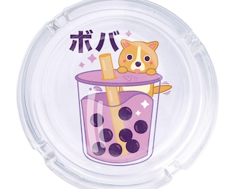 Cute Boba Tea Round Glass Ashtray 4.25", Cute Clear Glass UV Printed Kawaii Style Ash Tray Smoking Gift