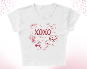XO Love Doodles Micro Rib Baby Tee: Valentine's Day Women's Slim Fit Graphic Shirt XS-2XL