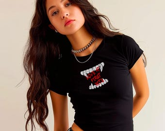Distressed Love At First Bite Micro Rib Spaghetti Strap Tank or Baby Tee, Halloween Crop Shirt