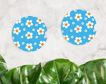 Smiley Face Daisy Car Coasters, Cute Funny Car Decor Ceramic Coaster Inserts, Retro Floral 70's Gift