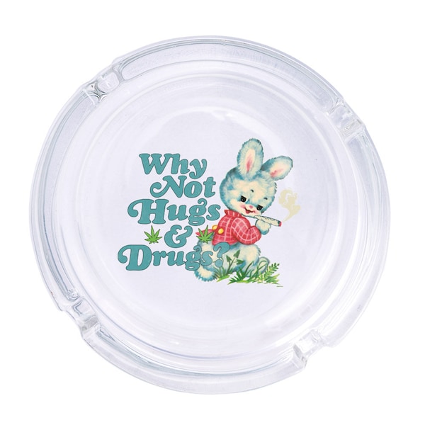 Hugs And Drugs Round Glass Ashtray 4.25", Cute Clear Glass UV Printed Ash Tray Smoking Gift