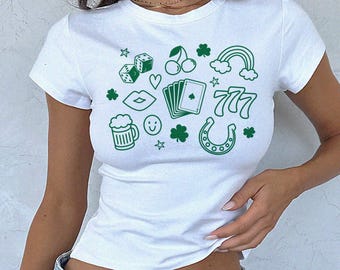 Lucky Doodles Micro Rib Baby Tee, St. Patrick's Day Outfit, Angel Number 777, Shamrock Clover Irish Pride Shirt, Green Beer St Patty's Top