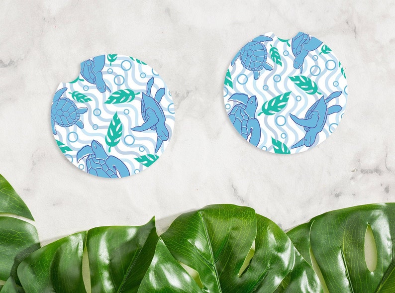 Wave Turtle Pattern Car Coasters Cute Car Decor Ceramic Coaster Inserts Fun Turtle Lover Spring Summer Beach Gift