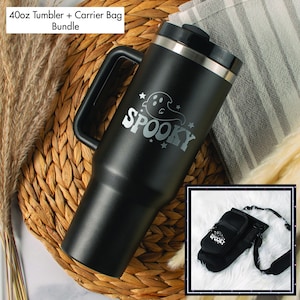 Spooky Ghost 40oz Tumbler with Spooky Ghost Carrier Bundle, 1 Side Laser Engraved Water Bottle, Spooky Season Drinkware, Halloween Cup Decor