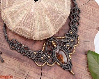Jasper Tiger/'s eye Maxi macrame beige earrings Smoky Quartz and Bull/'s eye handmade with natural semi precious stones