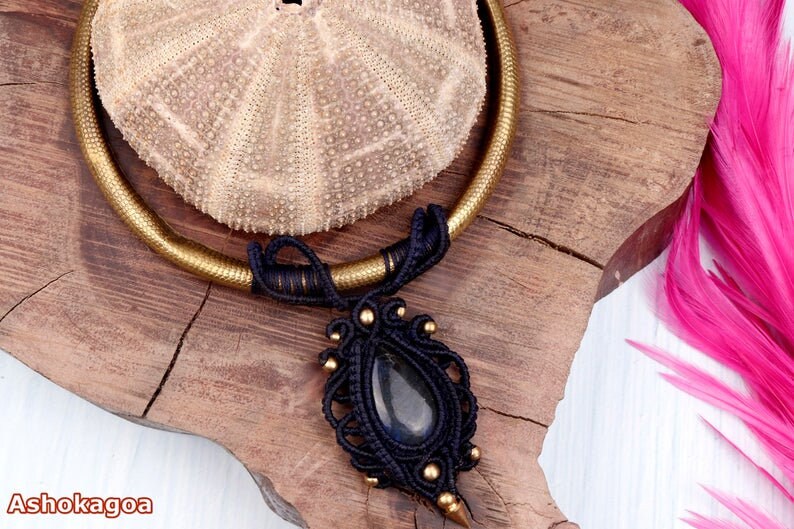 Tribal labradorite stone necklace brass choker with crystal torque necklace with healing crystal macrame necklace