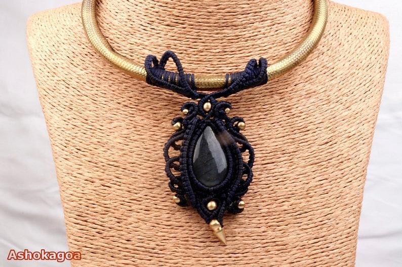 Tribal labradorite stone necklace brass choker with crystal torque necklace with healing crystal macrame necklace