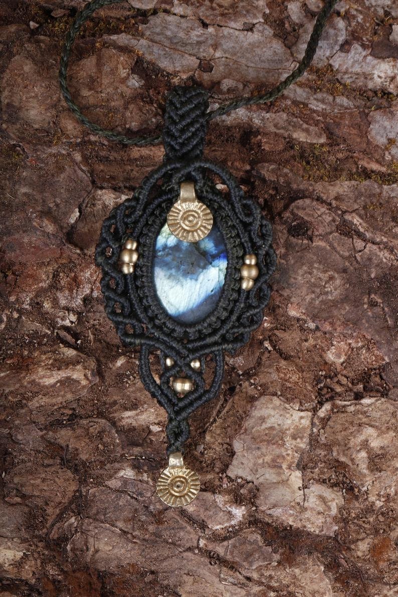 Handmade Bohemian hippie necklace gemstone necklace tribal necklace Beautiful handmade Macrame necklace LABRODORITE Stone pendant