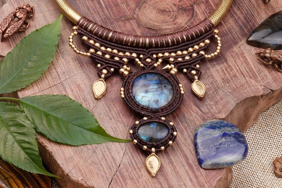 Tribal labradorite stone necklace brass choker with crystal torque necklace with healing crystal macrame necklace