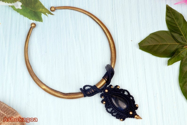 Tribal labradorite stone necklace brass choker with crystal torque necklace with healing crystal macrame necklace