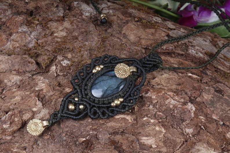 Labradorite Natural Stone and Brass beads Macrame Necklace | Etsy