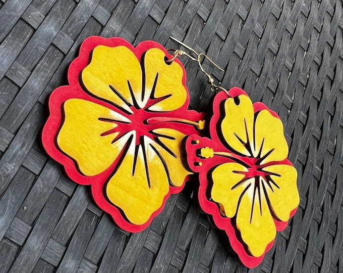 Handmade Wood Hibiscus Earrings