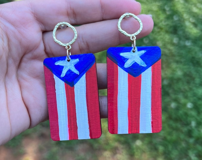 Puerto Rico Hand Painted Wood Earrings Gift for Her Dangle Flag Earrings for Boricua Gift Handmade Puerto Rico Jewelry Gift for Coworker