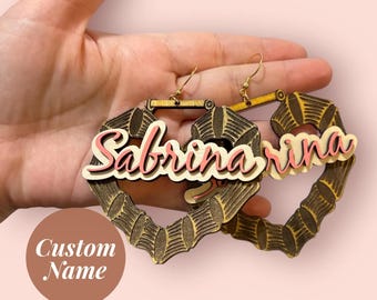 Personalized Bamboo Name Earrings Custom Jewelry with name Wood Heart Earrings Statement Name Earrings Custom Gift for Her Lightweight