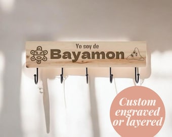 Custom Puerto Rico City Wood Sign with Hooks Taino Symbol Wall Art Personalized Engraved or Layered Wooden Sign for Entryway Key Holder