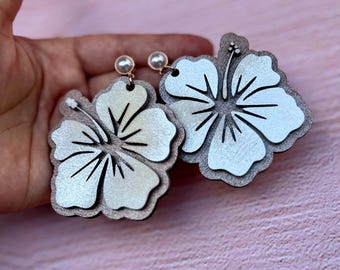 Handmade Hibiscus Wooden Earrings-Metallic