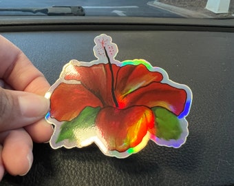 Hibiscus Amapola Floral Holographic Sticker Unique Floral Sticker Waterproof Vinyl Sticker for Laptop Kindle Stickers