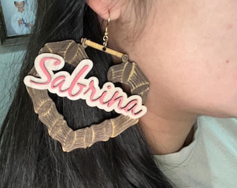 Custom Bamboo Name Earrings Jewelry with name Personalized Wood Heart Earrings Statement Name Earrings Custom Gift for Friend
