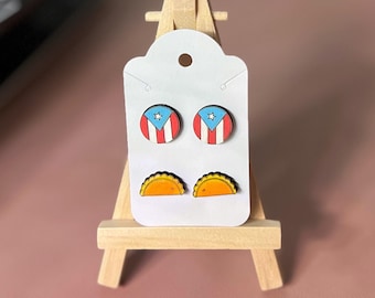 Puerto Rico Wood Stud Earrings Handmade Puerto Rico Themed Jewelry Gift for Her Boricua Themed Stud Pair for Coworker Gift