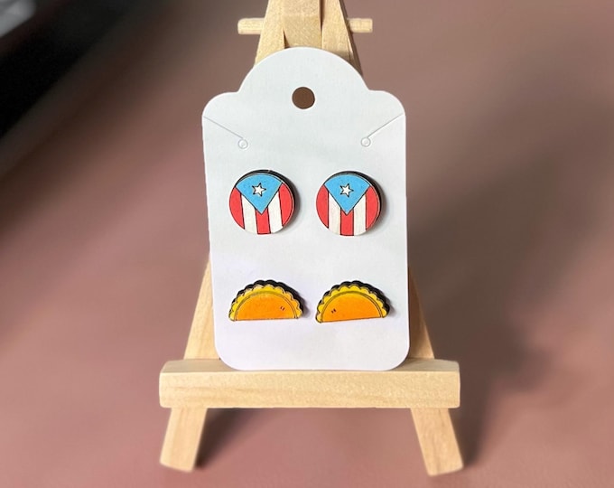 Puerto Rico Wood Stud Earrings Handmade Puerto Rico Themed Jewelry Gift for Her Boricua Themed Stud Pair for Coworker Gift