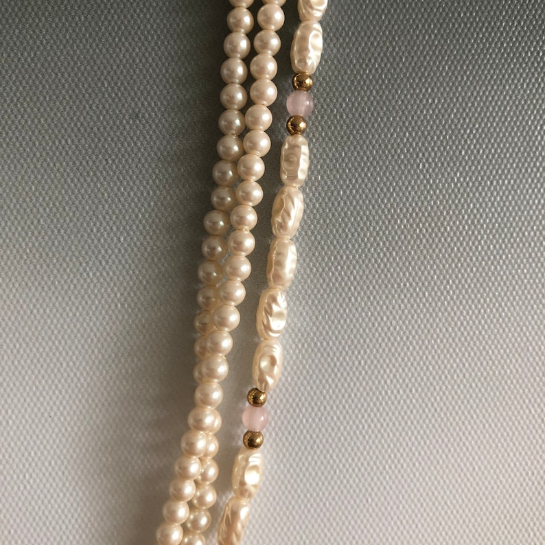Vintage Long Three Threads Ivory River Pearls Necklace golden and pink Beads