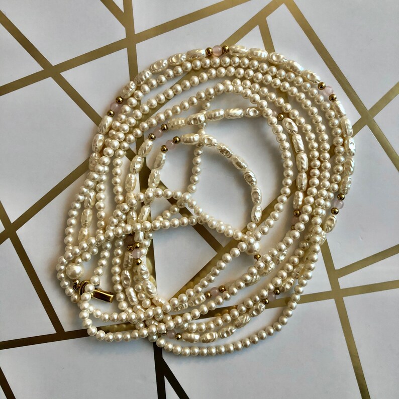 Vintage Long Three Threads Ivory River Pearls Necklace golden and pink Beads