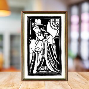 May include: Black and white illustration of a religious ceremony with two figures in robes, one holding a book and the other a menorah.