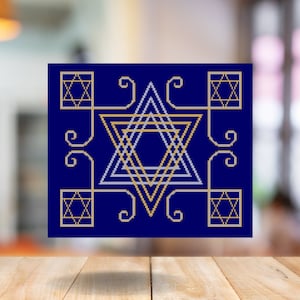 May include: A blue square with a gold Star of David in the center. The Star of David is made up of two overlapping triangles, one gold and one silver. The background is a dark blue with gold and silver accents.