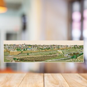 May include: A panoramic view of a city with a stone wall and a golden dome building in the center. The city is surrounded by green trees and bushes.