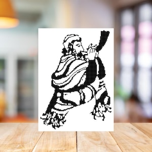 May include: Black and white illustration of a person blowing a shofar, a traditional Jewish instrument.