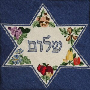 K&ouml;nnte beinhalten: Ein wei&szlig;er gestickter Davidstern mit silbernem Rand. Der Stern ist mit bunten Blumen und Fr&uuml;chten verziert. Das hebr&auml;ische Wort "Shalom" ist in Silber in der Mitte des Sterns gestickt.